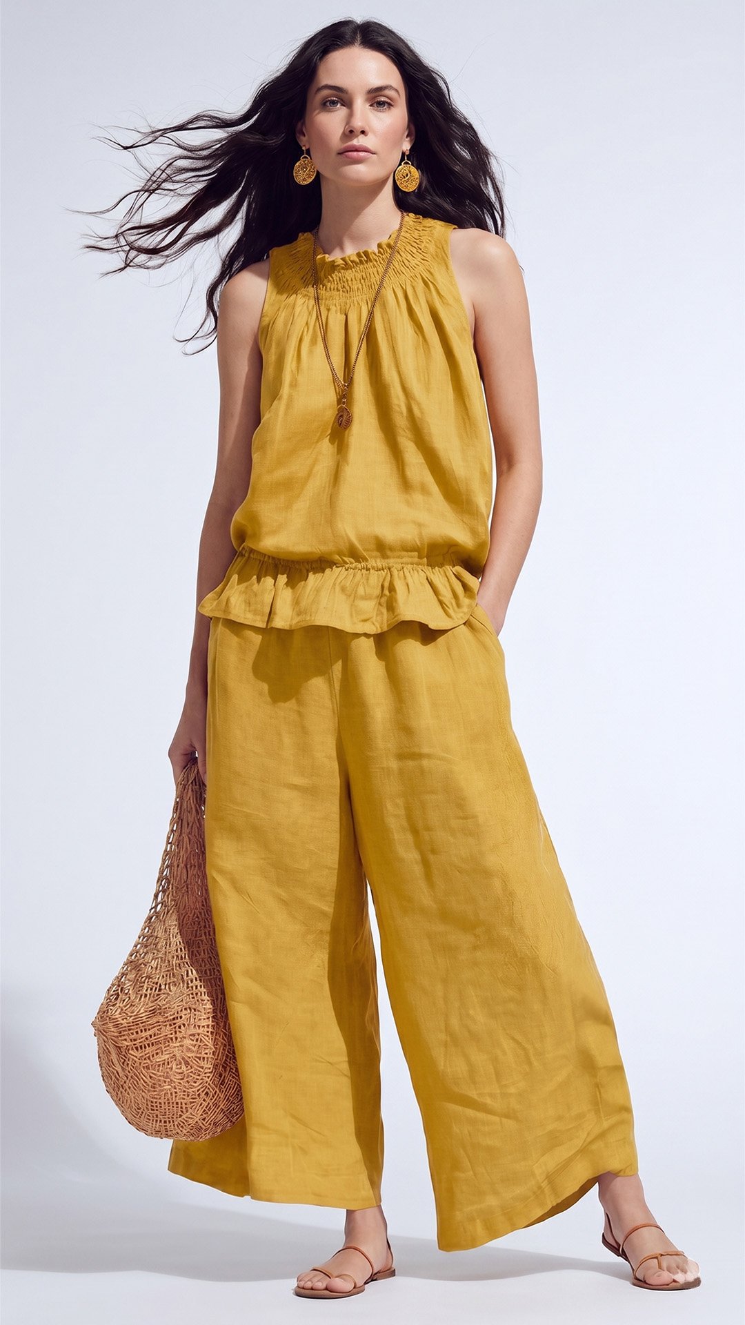 🌾 Cotton & Linen Bohemian Two-Piece Set: Ruffled Top + Wide-Leg Pants — Your Companion for the Most Comfortable Summer Days 🌾