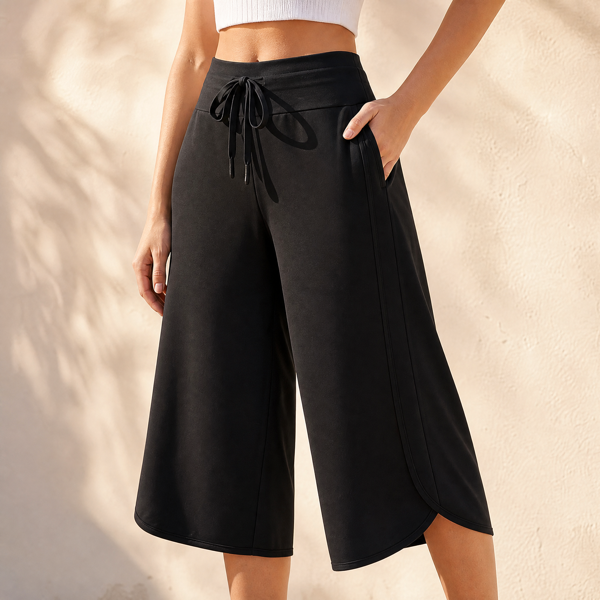  Wide-Leg Tulip-Hem Capri Pants with Pockets