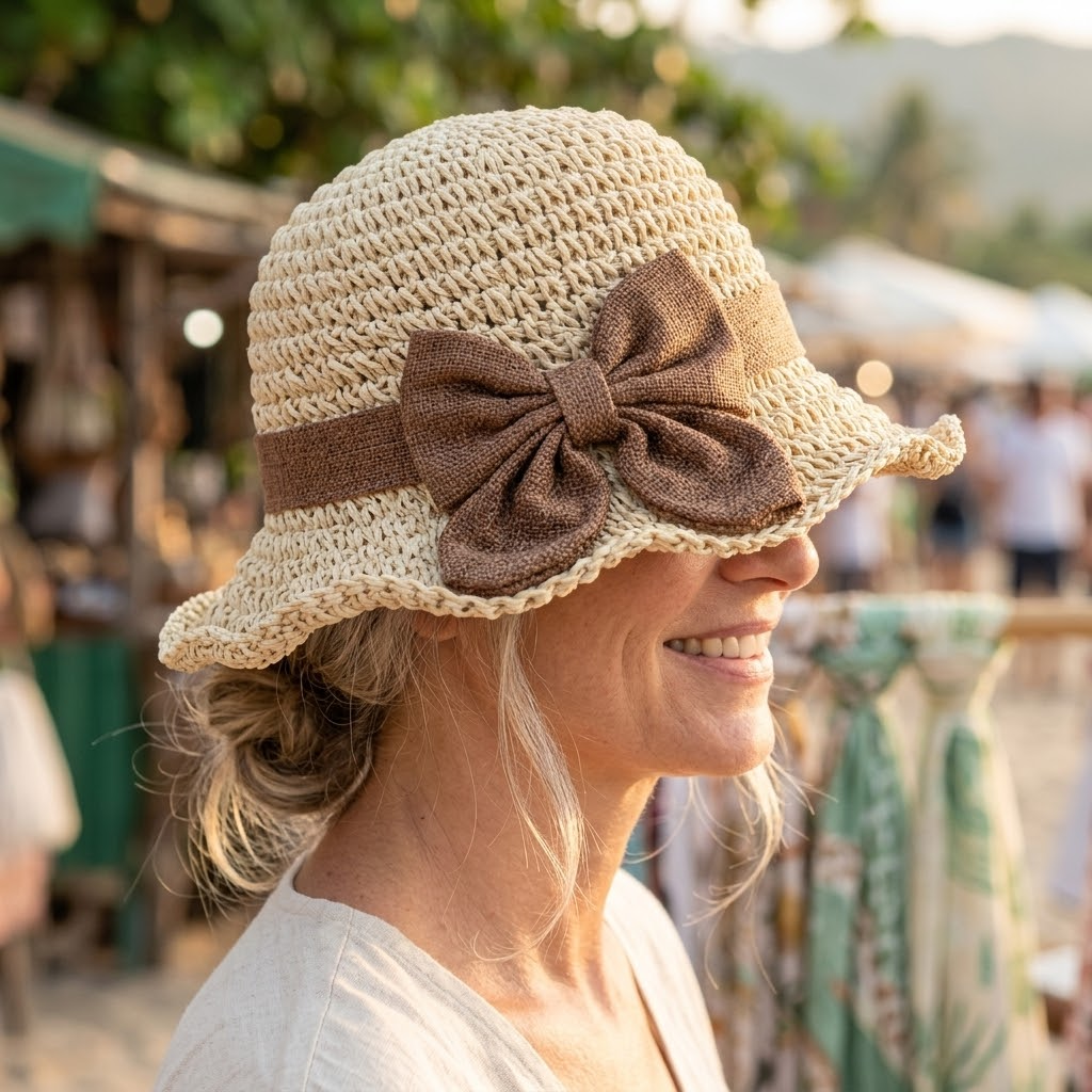 Woven Straw Hat with Bow Detail