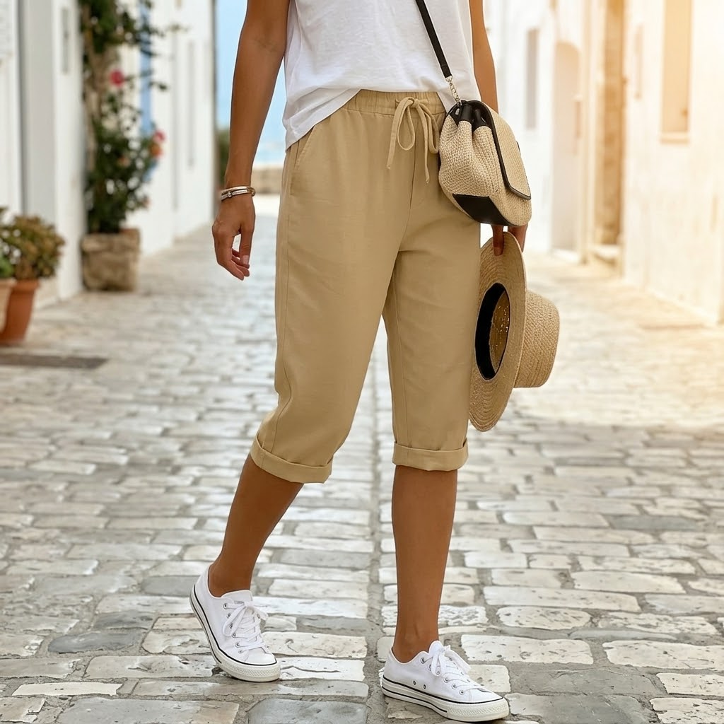 Cotton-Linen Drawstring Capri
