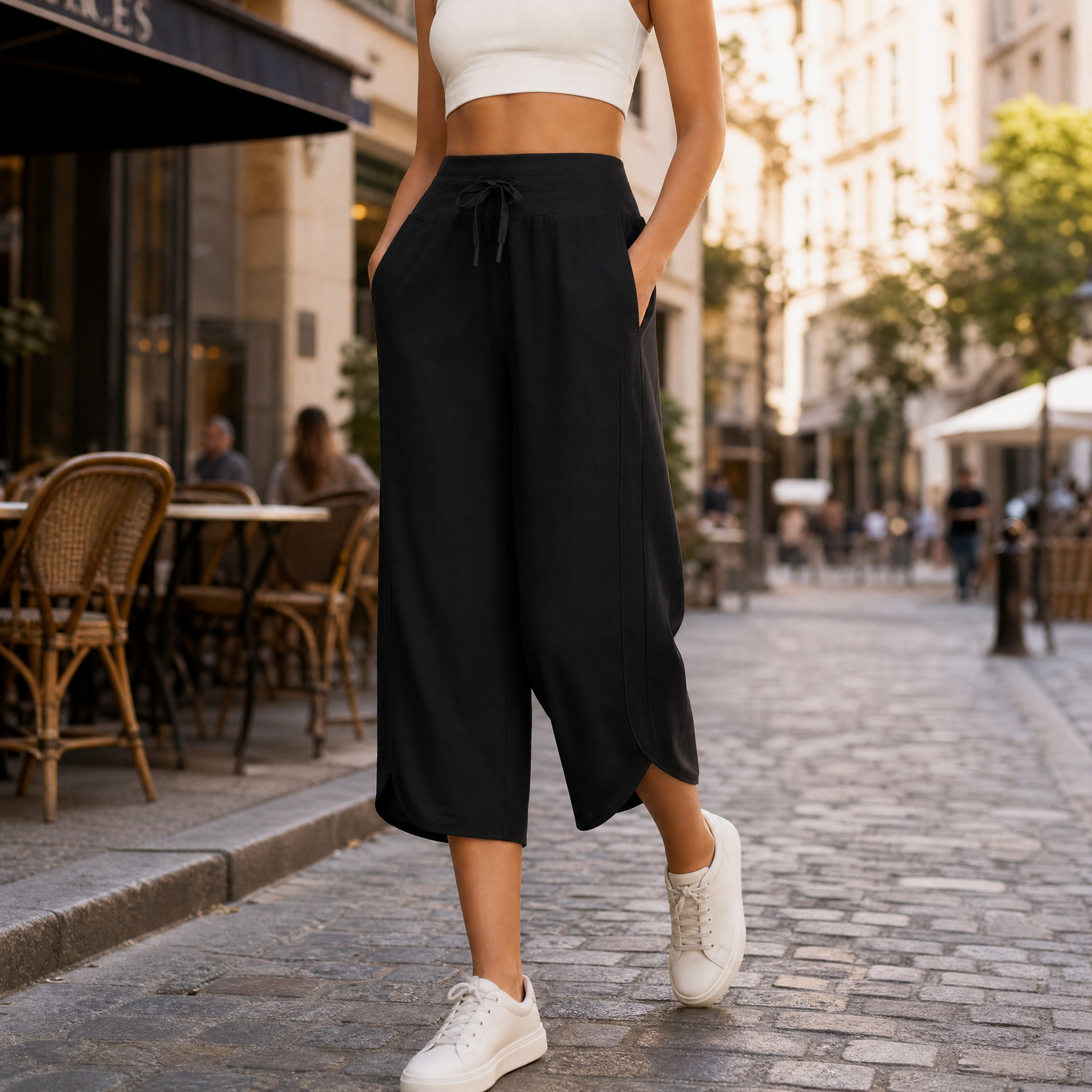  Wide-Leg Tulip-Hem Capri Pants with Pockets