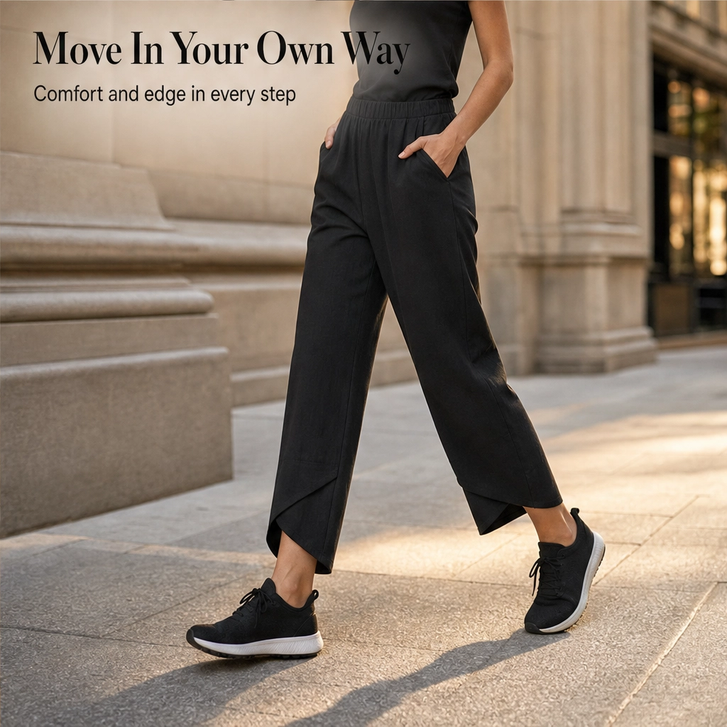 Asymmetric Cross-Hem Wide-Leg Pull-On Trousers + 50% OFF