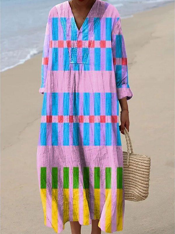 Women's Retro Style Printed Cotton And Linen Short Sleeves Bohemia Casual Maxi Dresses