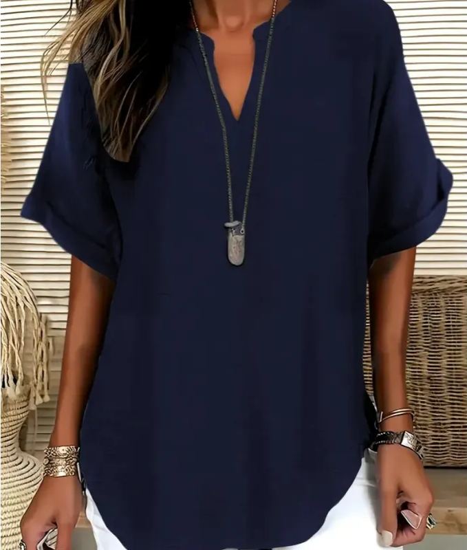 Women's Casual V-Neck Loose Fit Blouse with Short Sleeves