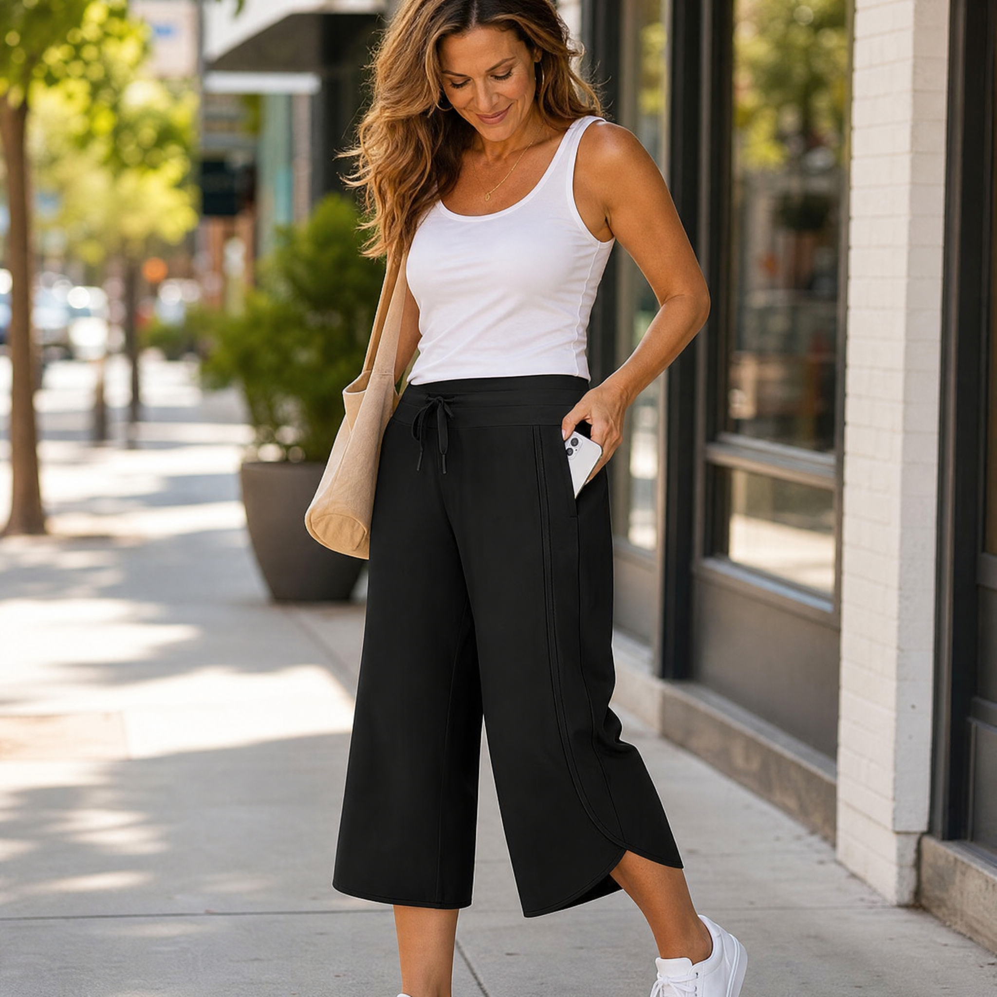  Wide-Leg Tulip-Hem Capri Pants with Pockets