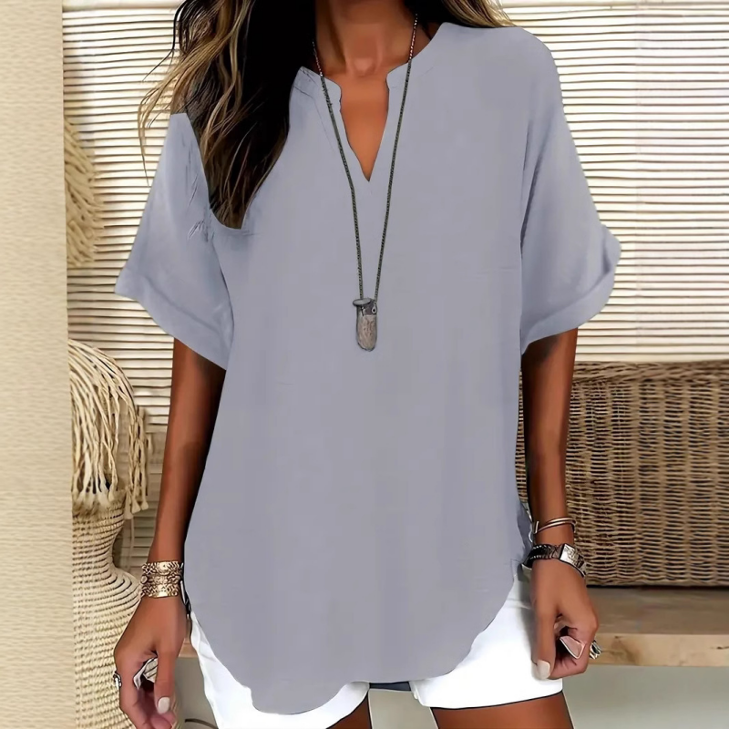 Women's Casual V-Neck Loose Fit Blouse with Short Sleeves