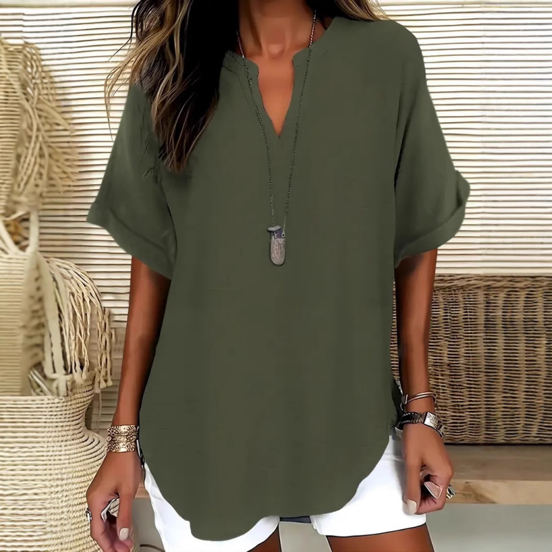 Women's Casual V-Neck Loose Fit Blouse with Short Sleeves