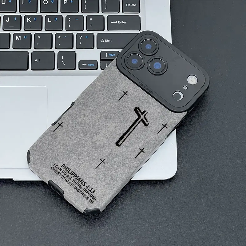 Embossed Cross TPU & Leather iPhone Case - Multiple Sizes