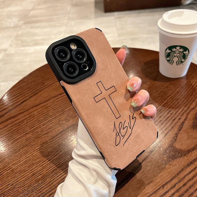Cross + Jesus Handwritten Logo Leather iPhone Case, Brown