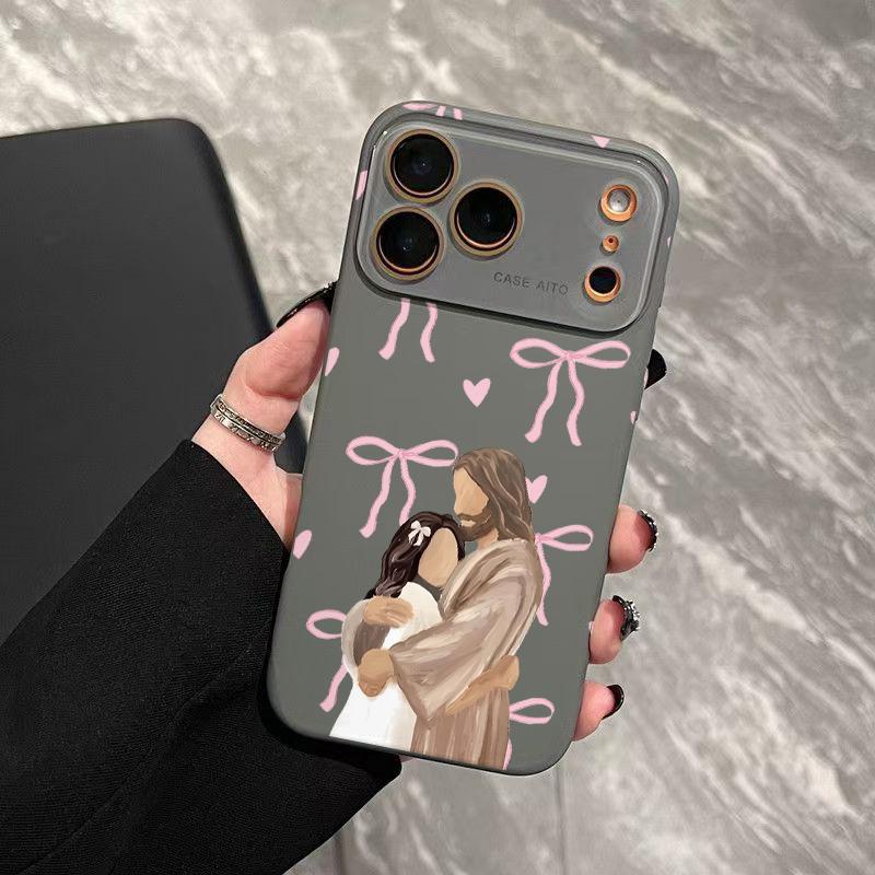 Jesus Hugging Girl Illustration Print Dopamine Ins Style Solid Color Smartphone Case, Ultra Skin-Friendly Touch, All-Inclusive Lens Protection Accessories for 17,16,15,14,13,12 Handheld Devices Jesus Hugging Girl Illustration Print Dopamine Ins Style Solid Color Smartphone Case, Ultra Skin-Friendly Touch, All-Inclusive Lens Protection Accessories for 17,16,15,14,13,12 Handheld Devices