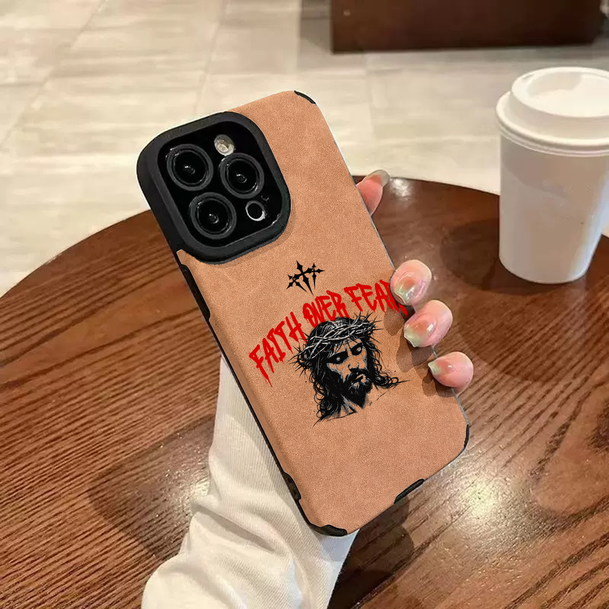 “Faith Over Fear” Jesus Leather iPhone Case