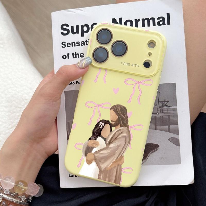 Jesus Hugging Girl Illustration Print Dopamine Ins Style Solid Color Smartphone Case, Ultra Skin-Friendly Touch, All-Inclusive Lens Protection Accessories for 17,16,15,14,13,12 Handheld Devices Jesus Hugging Girl Illustration Print Dopamine Ins Style Solid Color Smartphone Case, Ultra Skin-Friendly Touch, All-Inclusive Lens Protection Accessories for 17,16,15,14,13,12 Handheld Devices