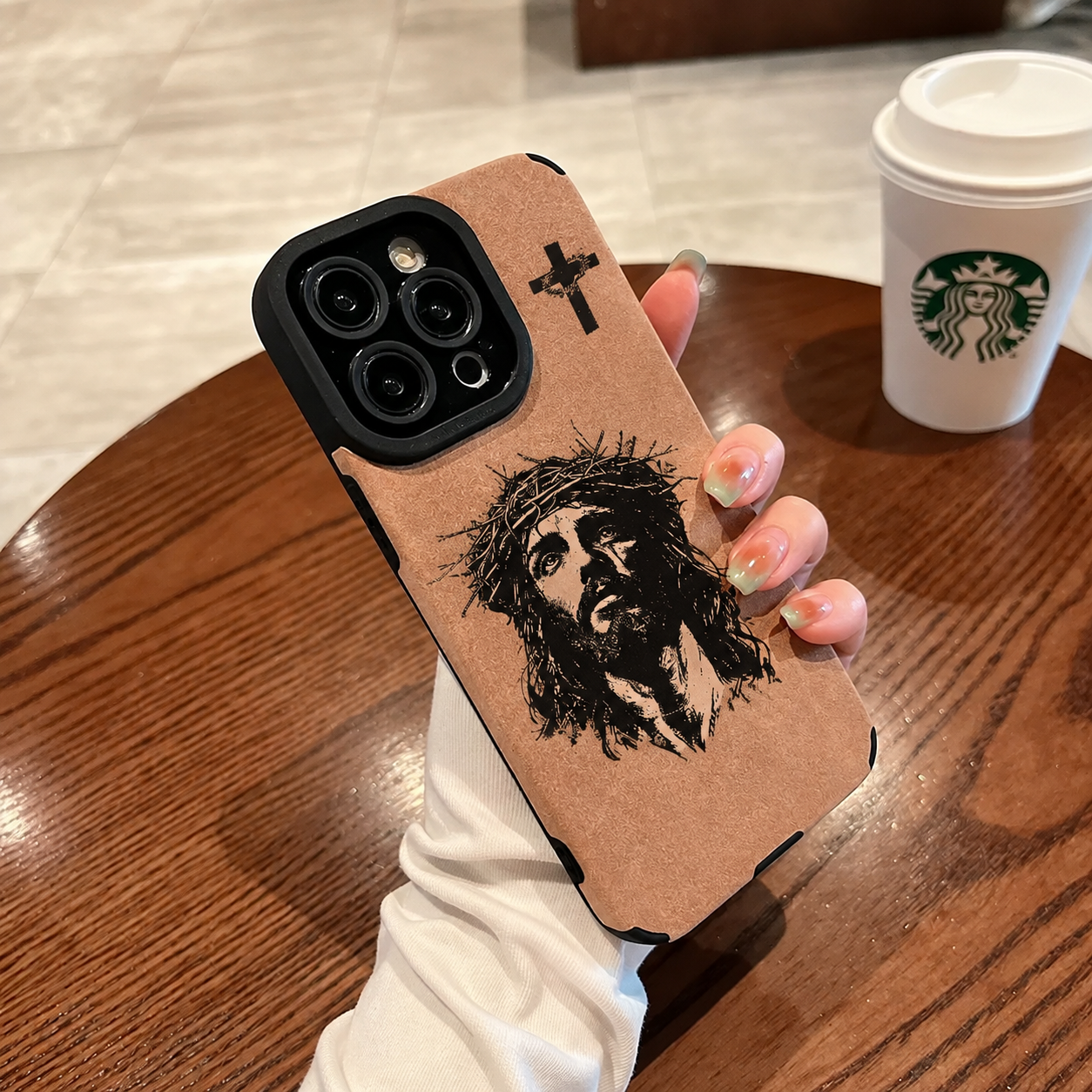 Cross + Jesus Handwritten Logo Leather iPhone Case