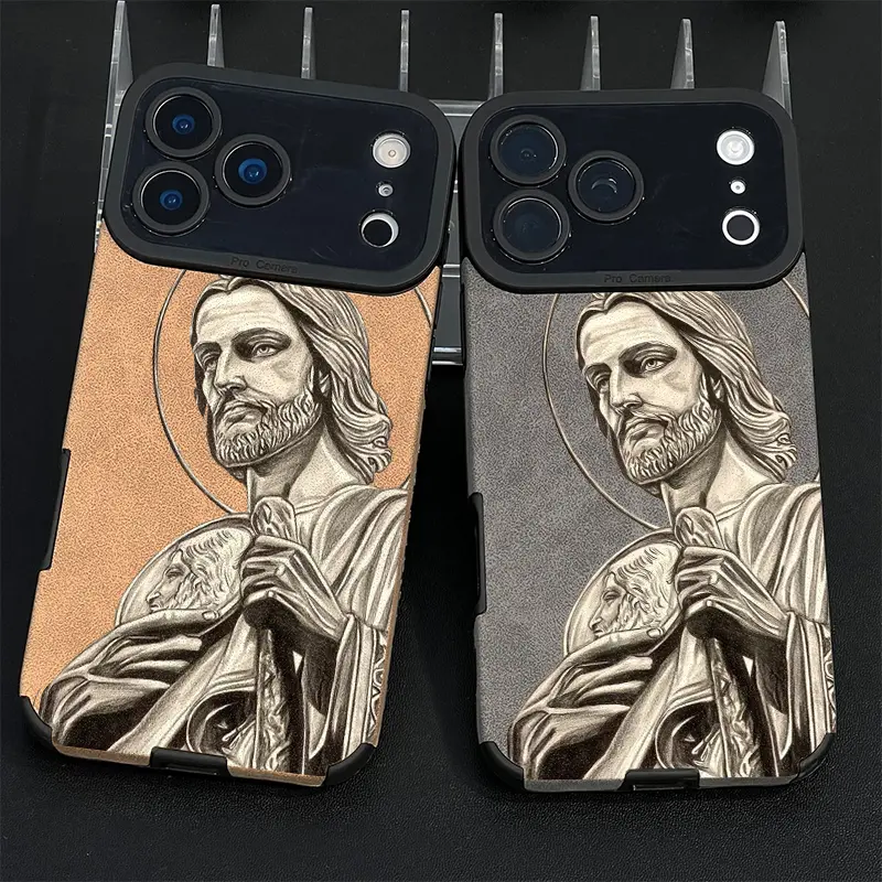 Jesus Portrait Pattern Phone Case for iPhone - TPU and Leather