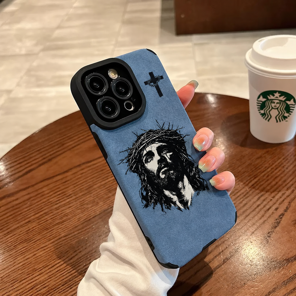 Cross + Jesus Handwritten Logo Leather iPhone Case