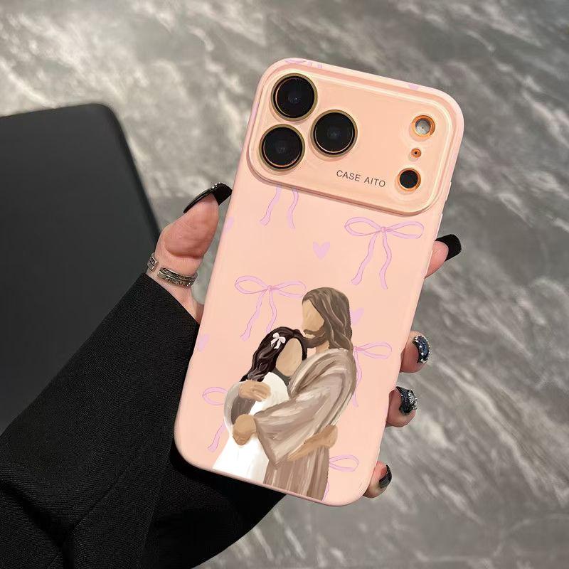 Jesus Hugging Girl Illustration Print Dopamine Ins Style Solid Color Smartphone Case, Ultra Skin-Friendly Touch, All-Inclusive Lens Protection Accessories for 17,16,15,14,13,12 Handheld Devices Jesus Hugging Girl Illustration Print Dopamine Ins Style Solid Color Smartphone Case, Ultra Skin-Friendly Touch, All-Inclusive Lens Protection Accessories for 17,16,15,14,13,12 Handheld Devices