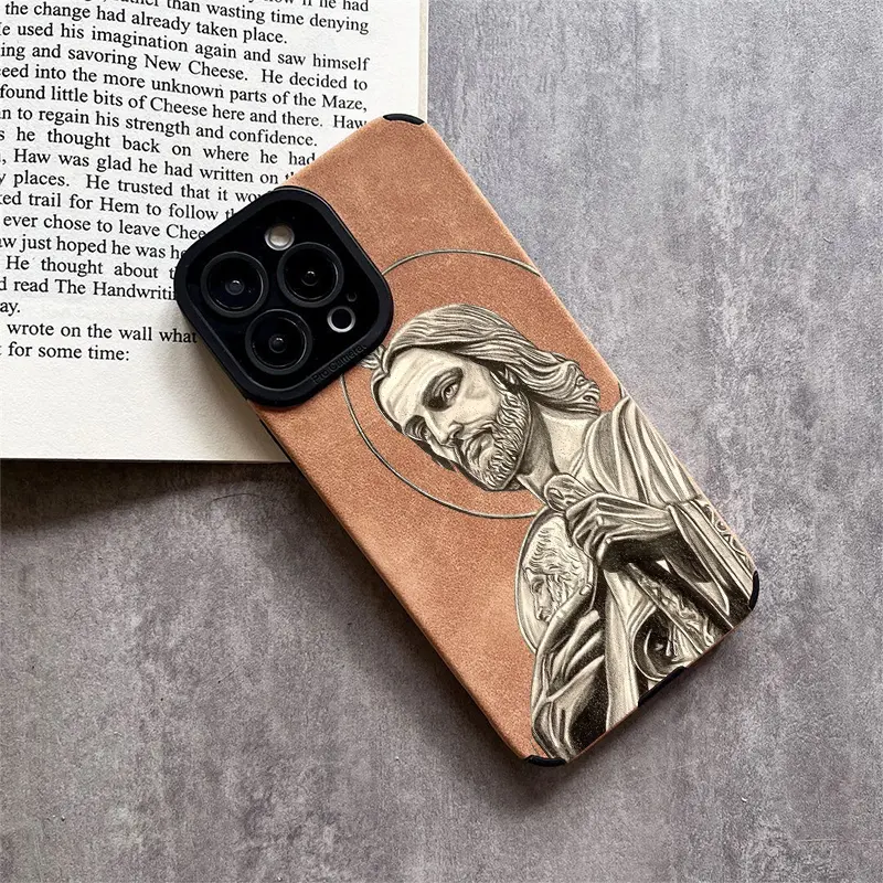 Jesus Portrait Pattern Phone Case for iPhone - TPU and Leather