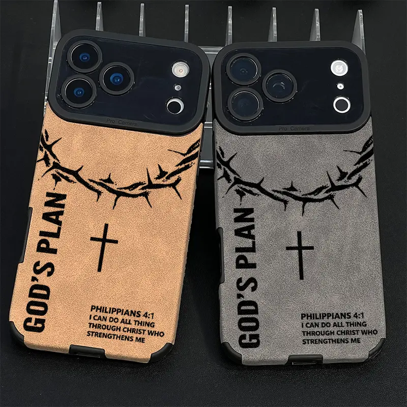 God's Plan Crown Of Thorns Cross Leather Phone Case for iPhone 11 to 17