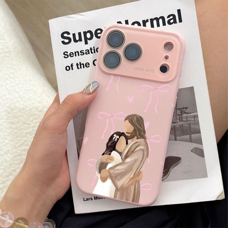 Jesus Hugging Girl Illustration Print Dopamine Ins Style Solid Color Smartphone Case, Ultra Skin-Friendly Touch, All-Inclusive Lens Protection Accessories for 17,16,15,14,13,12 Handheld Devices Jesus Hugging Girl Illustration Print Dopamine Ins Style Solid Color Smartphone Case, Ultra Skin-Friendly Touch, All-Inclusive Lens Protection Accessories for 17,16,15,14,13,12 Handheld Devices