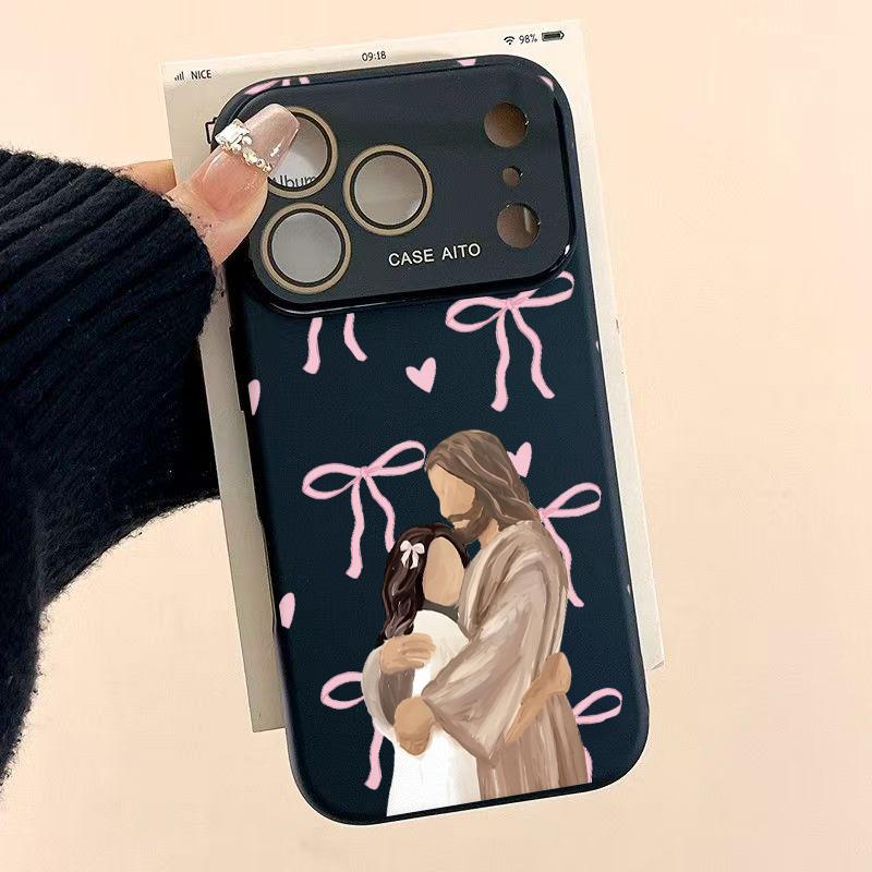 Jesus Hugging Girl Illustration Print Dopamine Ins Style Solid Color Smartphone Case, Ultra Skin-Friendly Touch, All-Inclusive Lens Protection Accessories for 17,16,15,14,13,12 Handheld Devices Jesus Hugging Girl Illustration Print Dopamine Ins Style Solid Color Smartphone Case, Ultra Skin-Friendly Touch, All-Inclusive Lens Protection Accessories for 17,16,15,14,13,12 Handheld Devices