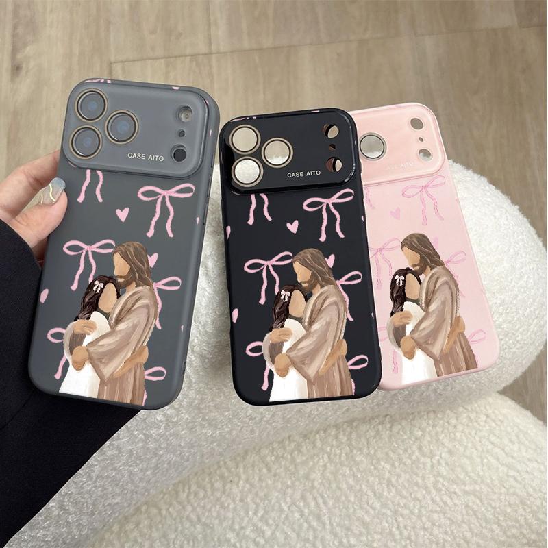 Jesus Hugging Girl Illustration Print Dopamine Ins Style Solid Color Smartphone Case, Ultra Skin-Friendly Touch, All-Inclusive Lens Protection Accessories for 17,16,15,14,13,12 Handheld Devices Jesus Hugging Girl Illustration Print Dopamine Ins Style Solid Color Smartphone Case, Ultra Skin-Friendly Touch, All-Inclusive Lens Protection Accessories for 17,16,15,14,13,12 Handheld Devices