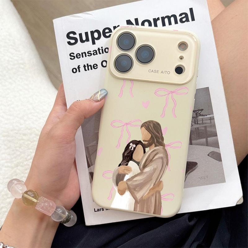 Jesus Hugging Girl Illustration Print Dopamine Ins Style Solid Color Smartphone Case, Ultra Skin-Friendly Touch, All-Inclusive Lens Protection Accessories for 17,16,15,14,13,12 Handheld Devices Jesus Hugging Girl Illustration Print Dopamine Ins Style Solid Color Smartphone Case, Ultra Skin-Friendly Touch, All-Inclusive Lens Protection Accessories for 17,16,15,14,13,12 Handheld Devices