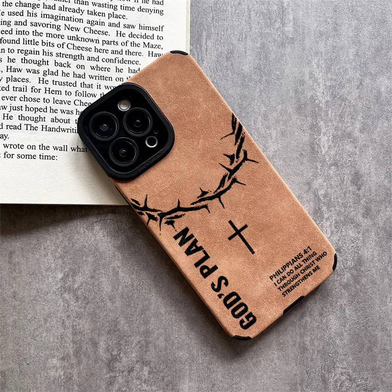 God's Plan Crown Of Thorns Cross Leather Phone Case for iPhone 11 to 17