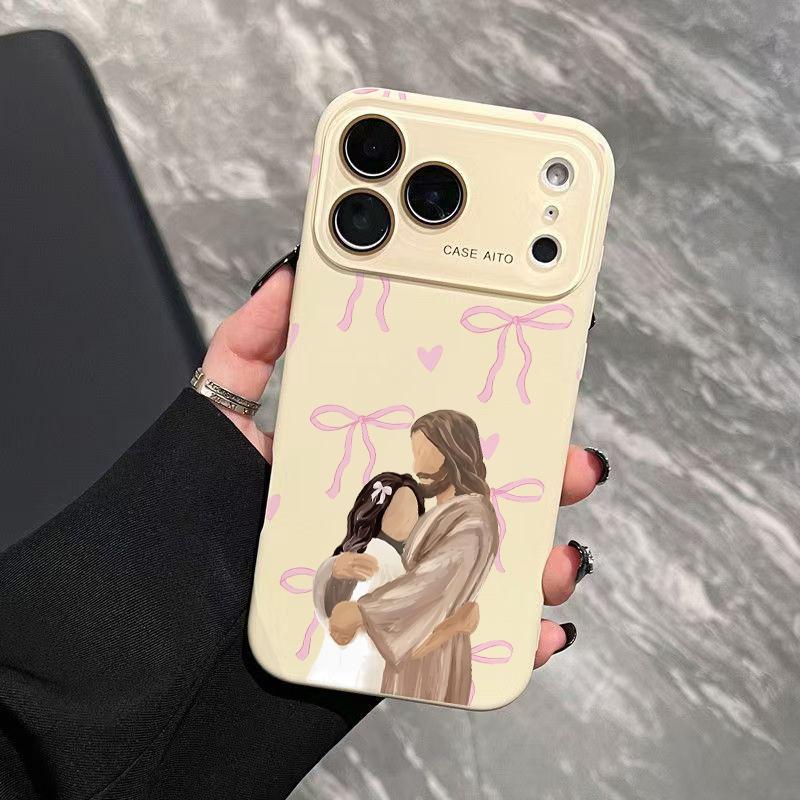 Jesus Hugging Girl Illustration Print Dopamine Ins Style Solid Color Smartphone Case, Ultra Skin-Friendly Touch, All-Inclusive Lens Protection Accessories for 17,16,15,14,13,12 Handheld Devices Jesus Hugging Girl Illustration Print Dopamine Ins Style Solid Color Smartphone Case, Ultra Skin-Friendly Touch, All-Inclusive Lens Protection Accessories for 17,16,15,14,13,12 Handheld Devices