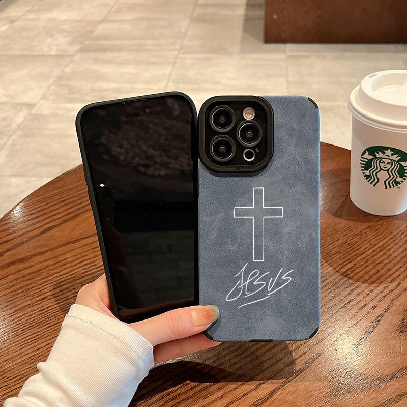 Cross & Jesus Handwritten Logo Leather Smartphone Case, Delicate Velvet-Touch Skin-Friendly Protector Accessories for 17,16,15,14,13,12,11 Pro Max, Plus,X,XS MAX Handheld Devices Cross & Jesus Handwritten Logo Leather Smartphone Case, Delicate Velvet-Touch Skin-Friendly Protector Accessories for 17,16,15,14,13,12,11 Pro Max, Plus,X,XS MAX Handheld Devices