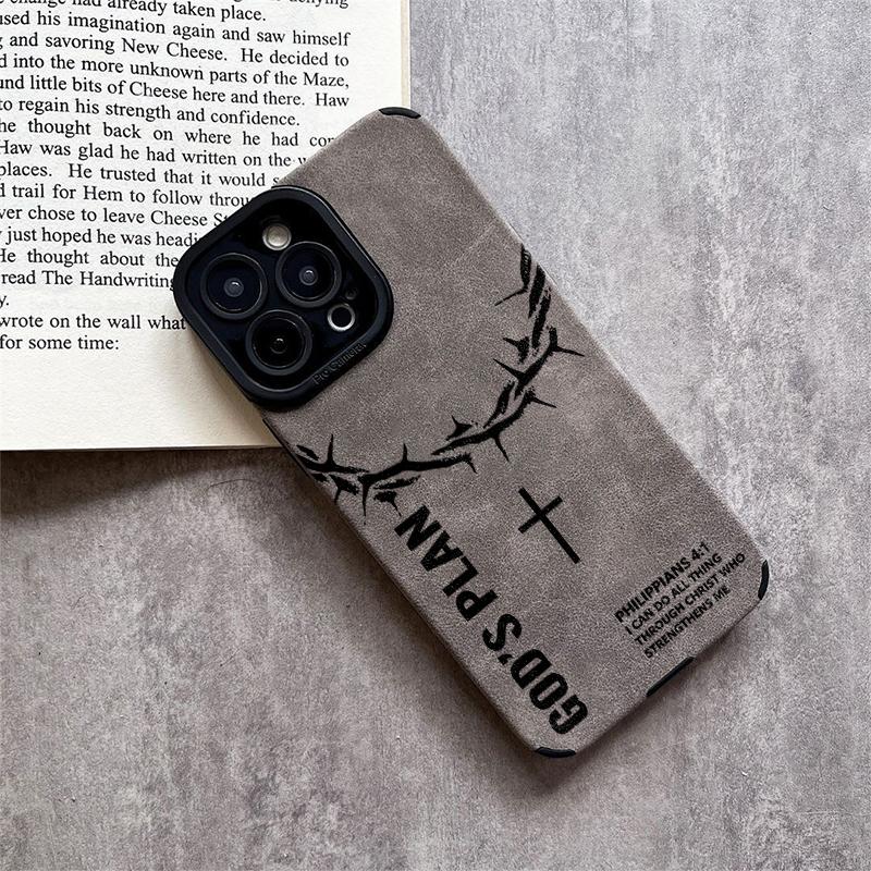 God's Plan Crown Of Thorns Cross Leather Phone Case for iPhone 11 to 17