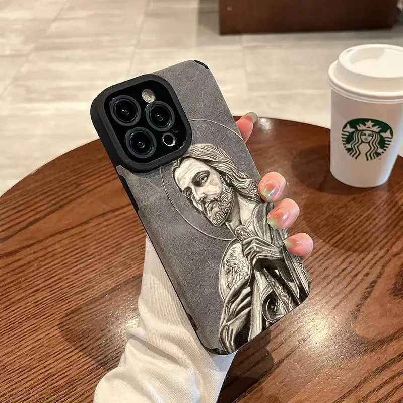Jesus Portrait Pattern Phone Case for iPhone - TPU and Leather