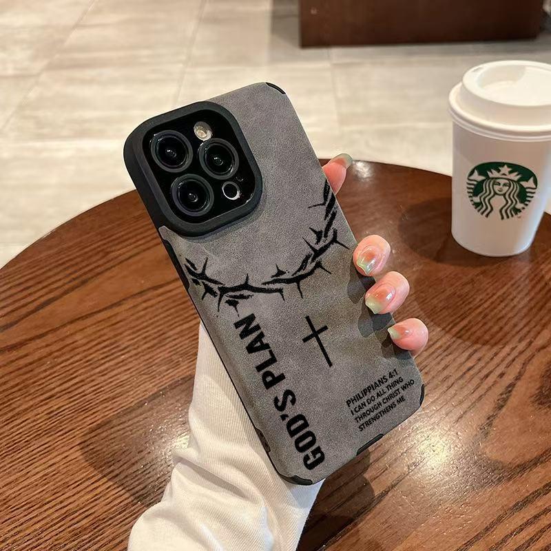 God's Plan Crown Of Thorns Cross Leather Phone Case for iPhone 11 to 17