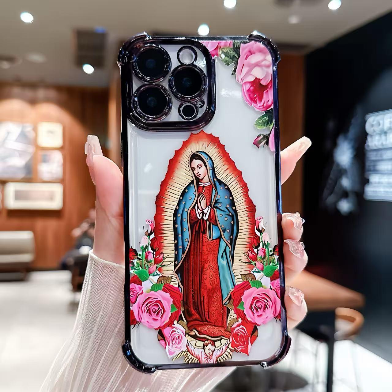 Virgin Mary Flower Pattern Shockproof Cellphone Case, 4-Corner Anti-Fall TPU Casing, Sturdy Protector Accessories for iPhone 11,12,13,14,15,16,17 Pro Max Virgin Mary Flower Pattern Shockproof Cellphone Case, 4-Corner Anti-Fall TPU Casing, Sturdy Protector Accessories for iPhone 11,12,13,14,15,16,17 Pro Max