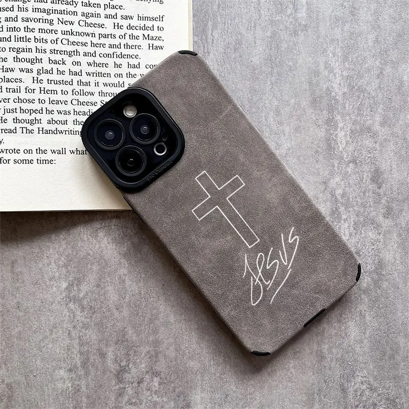 Cross + Jesus Handwritten Logo Leather iPhone Case, Brown