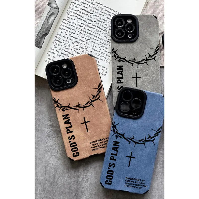 God's Plan Crown Of Thorns Cross Leather Phone Case for iPhone 11 to 17