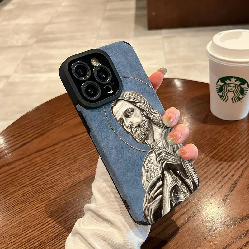 Jesus Portrait Pattern Phone Case for iPhone - TPU and Leather