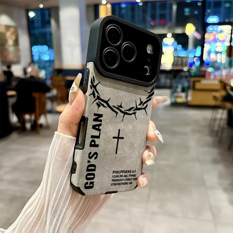 God's Plan Crown Of Thorns Cross Leather Phone Case for iPhone 11 to 17