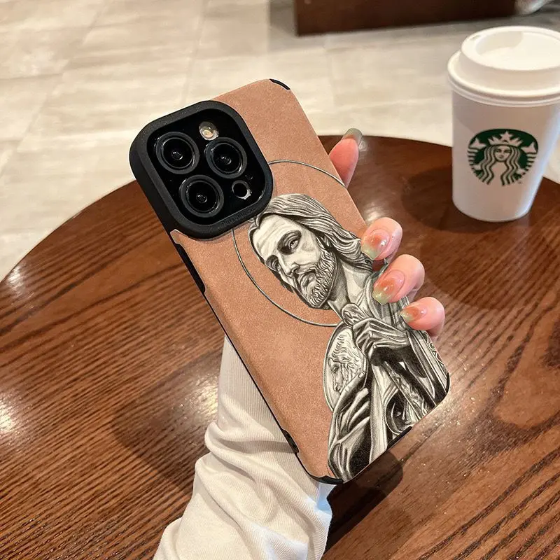 Jesus Portrait Pattern Phone Case for iPhone - TPU and Leather