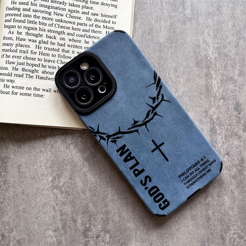 God's Plan Crown Of Thorns Cross Leather Phone Case for iPhone 11 to 17