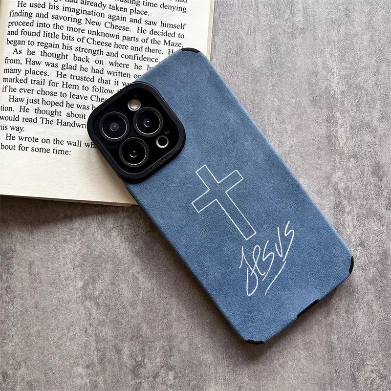 Cross + Jesus Handwritten Logo Leather iPhone Case, Brown