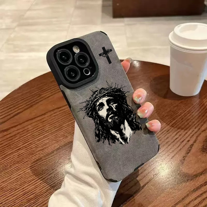Cross + Jesus Handwritten Logo Leather iPhone Case