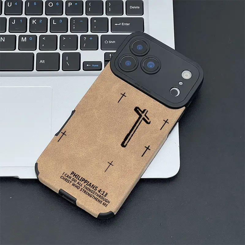 Embossed Cross TPU & Leather iPhone Case - Multiple Sizes