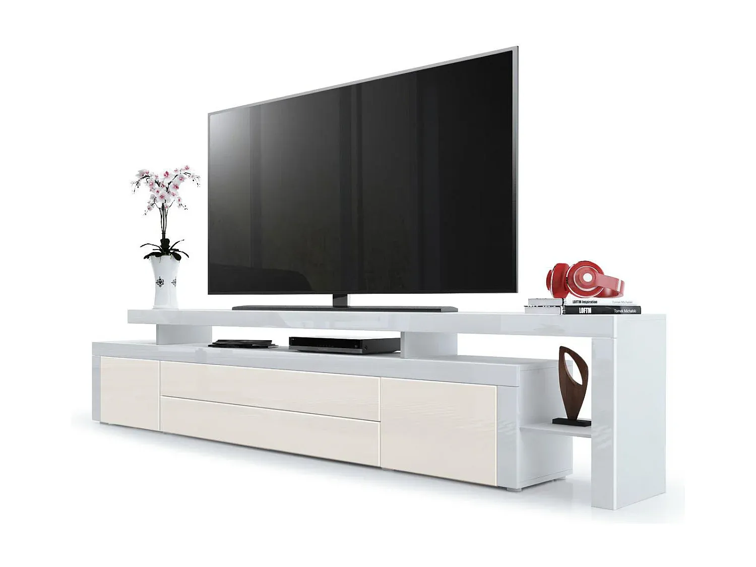 Moderner TV-Schrank in Hochglanz Weiß und Creme