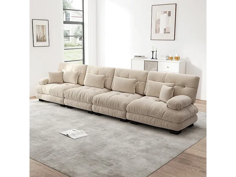 Geräumiges 4-Sitzer Sofa aus Chenille Stoff in Rosa mit Kissen