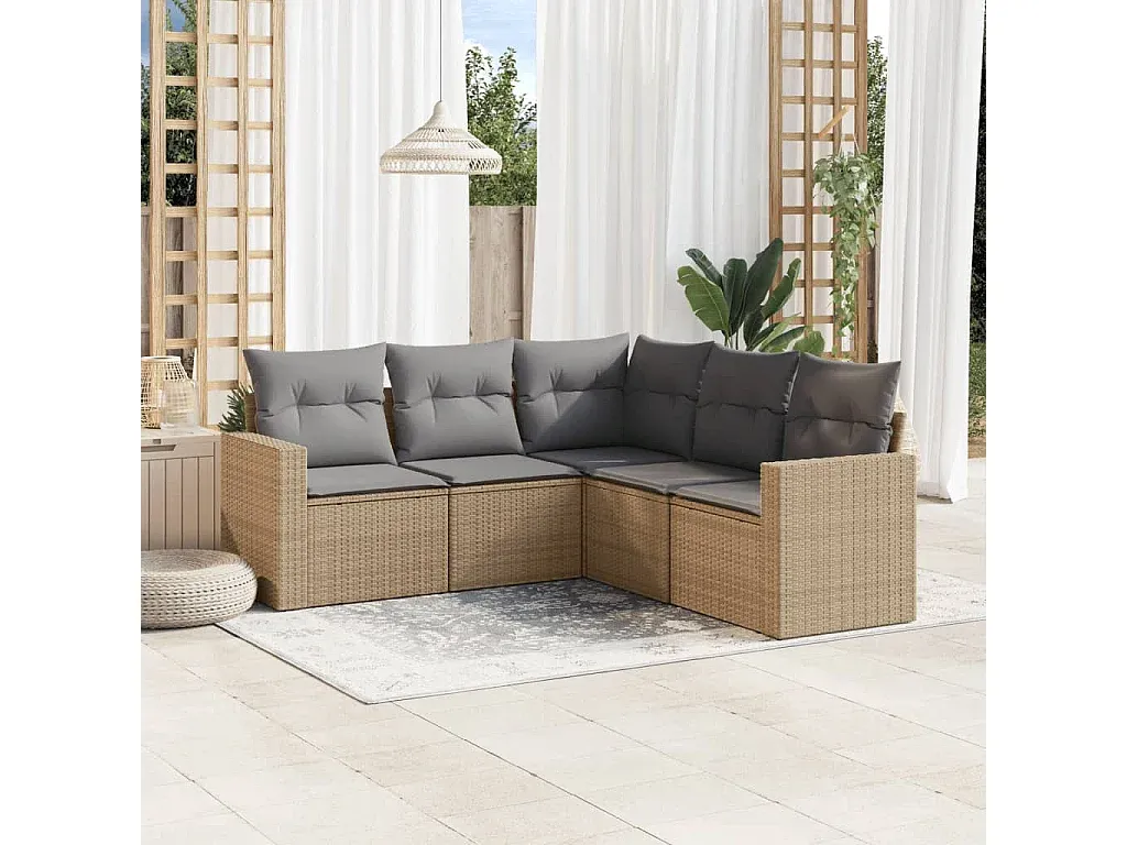 5-teilige Gartensofagarnitur mit Kissen in Beige aus Polyrattan