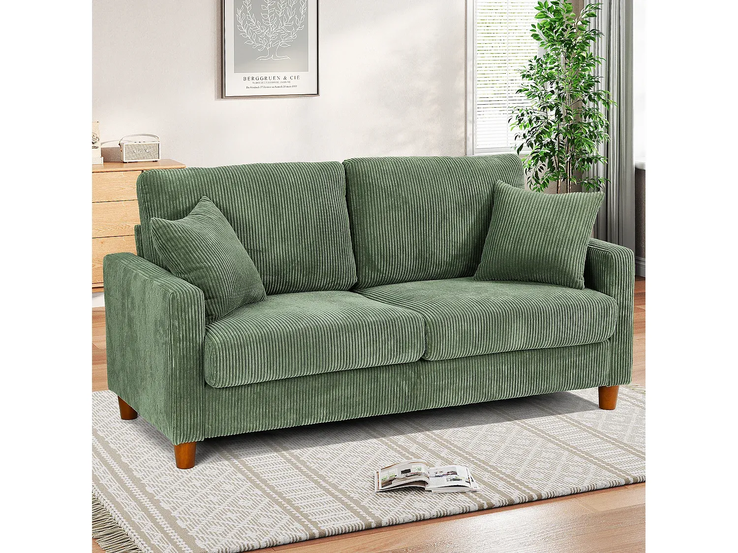 Samt-Sofa für Zwei mit Kissen, Tiefe Sitze, Grün