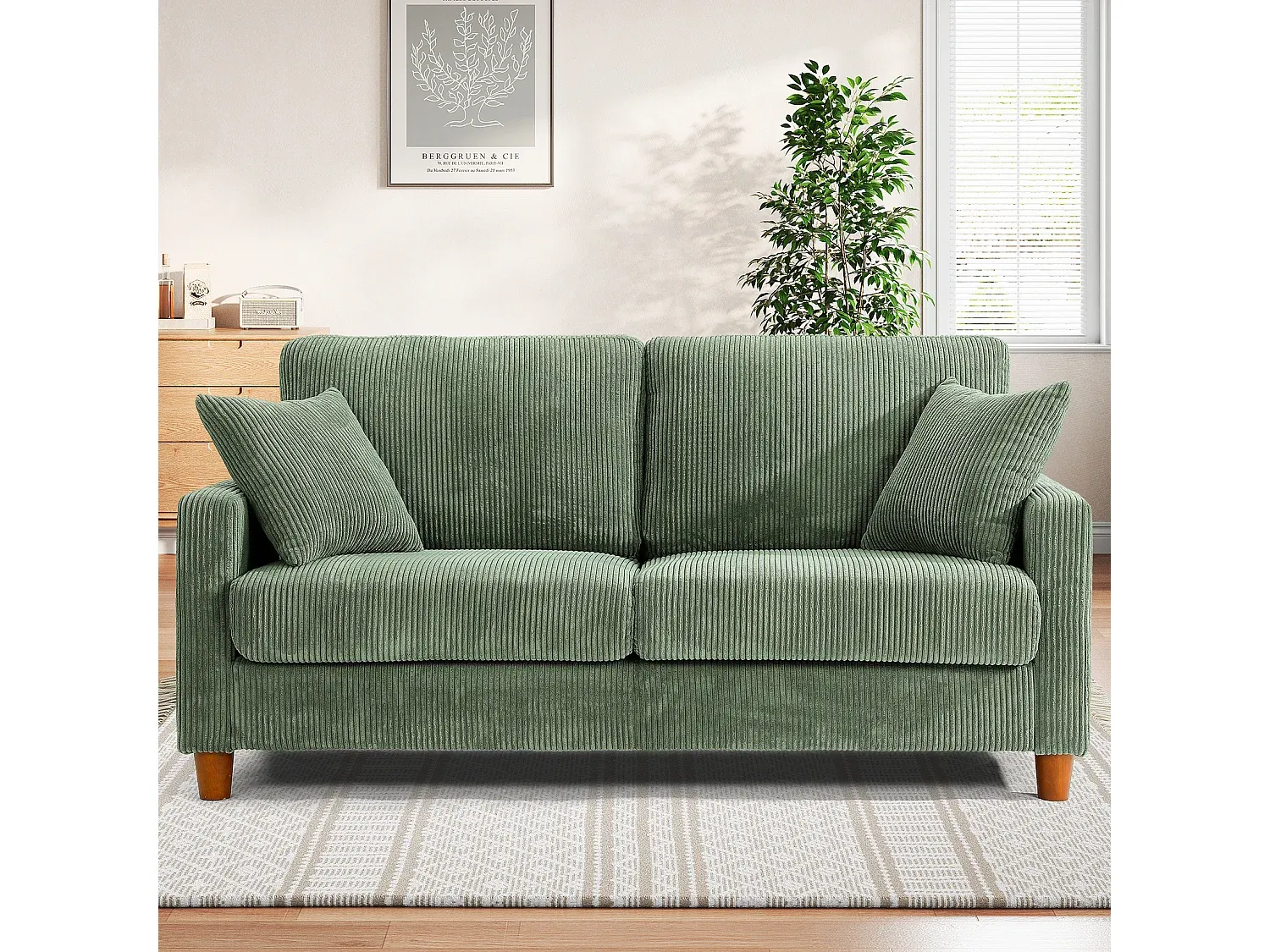 Samt-Sofa für Zwei mit Kissen, Tiefe Sitze, Grün