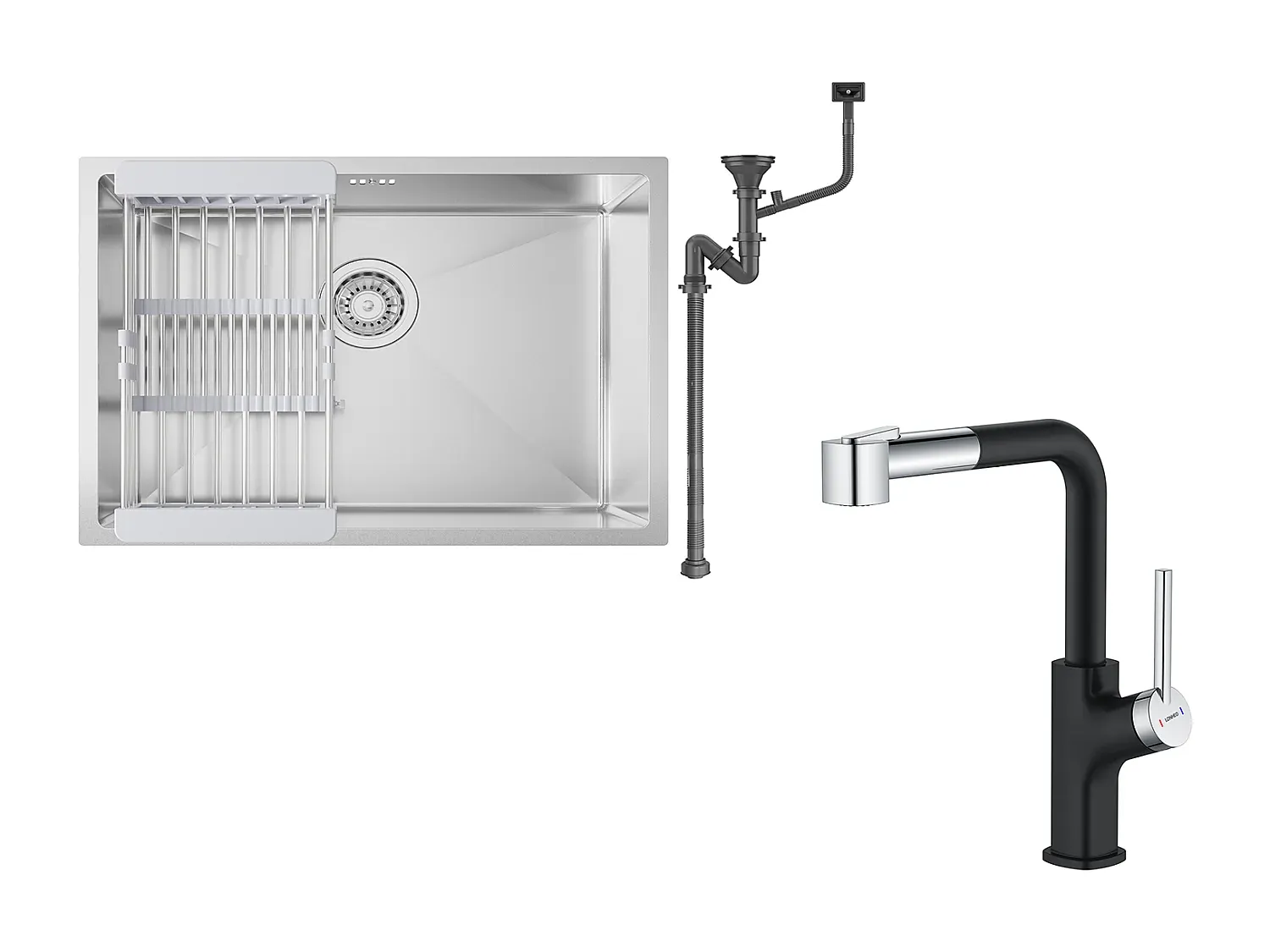 Küchenspüle mit Einzelbecken und Abtropfkorb, Edelstahl, Unterbau, ausziehbare Küchenarmatur