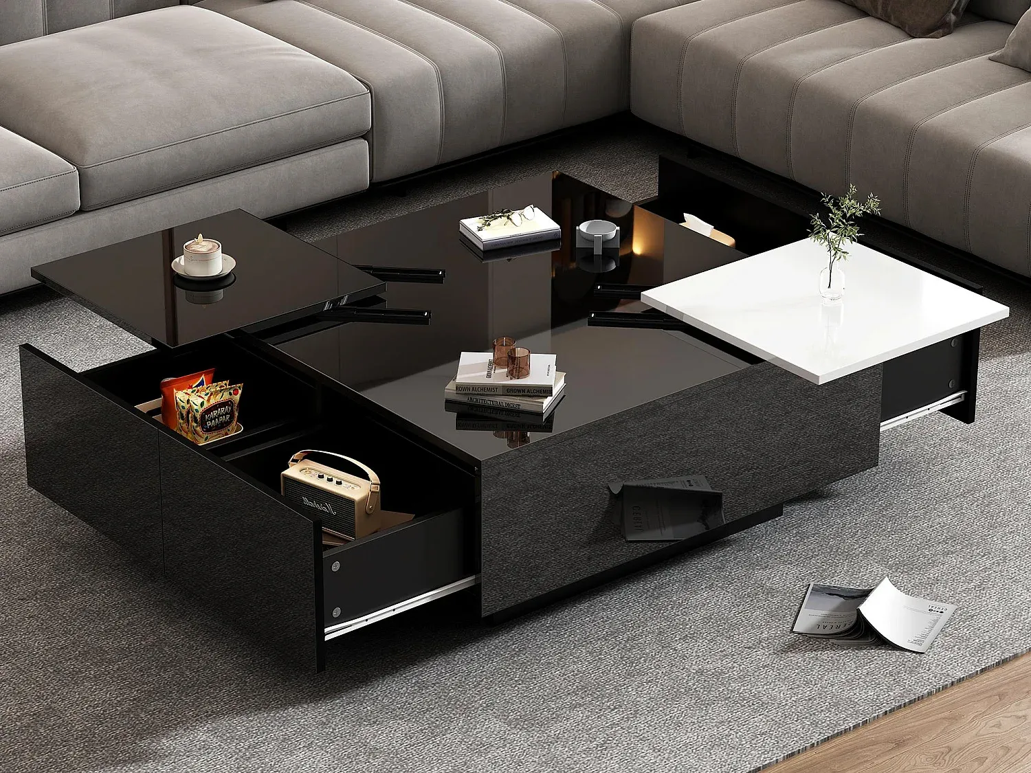 Moderner Couchtisch mit Vier Schubladen, Schwarz