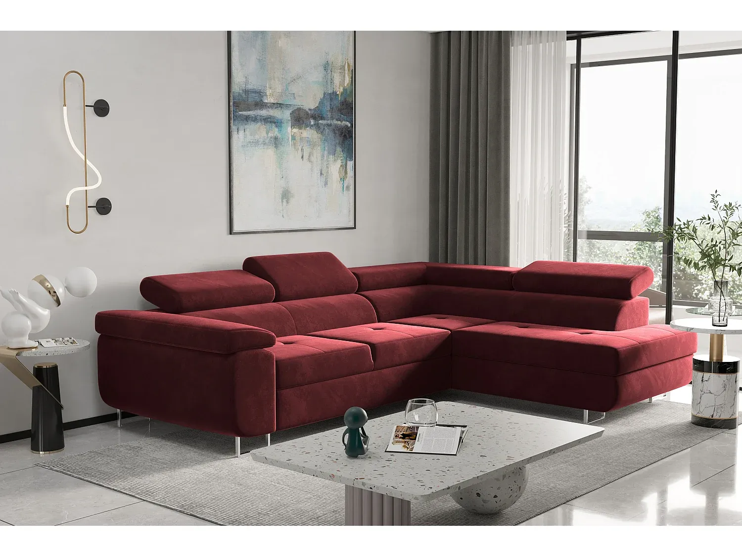 Rotes Ecksofa mit Schlaffunktion, Stoffbezug, Rechts